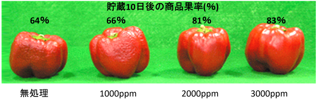 製品の使用量を変えてパプリカに処理した場合の鮮度